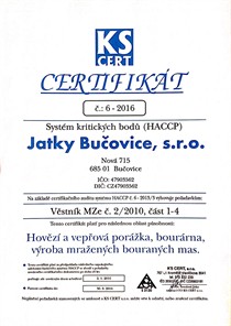 Certifikát HACCP Jatky Bučovice